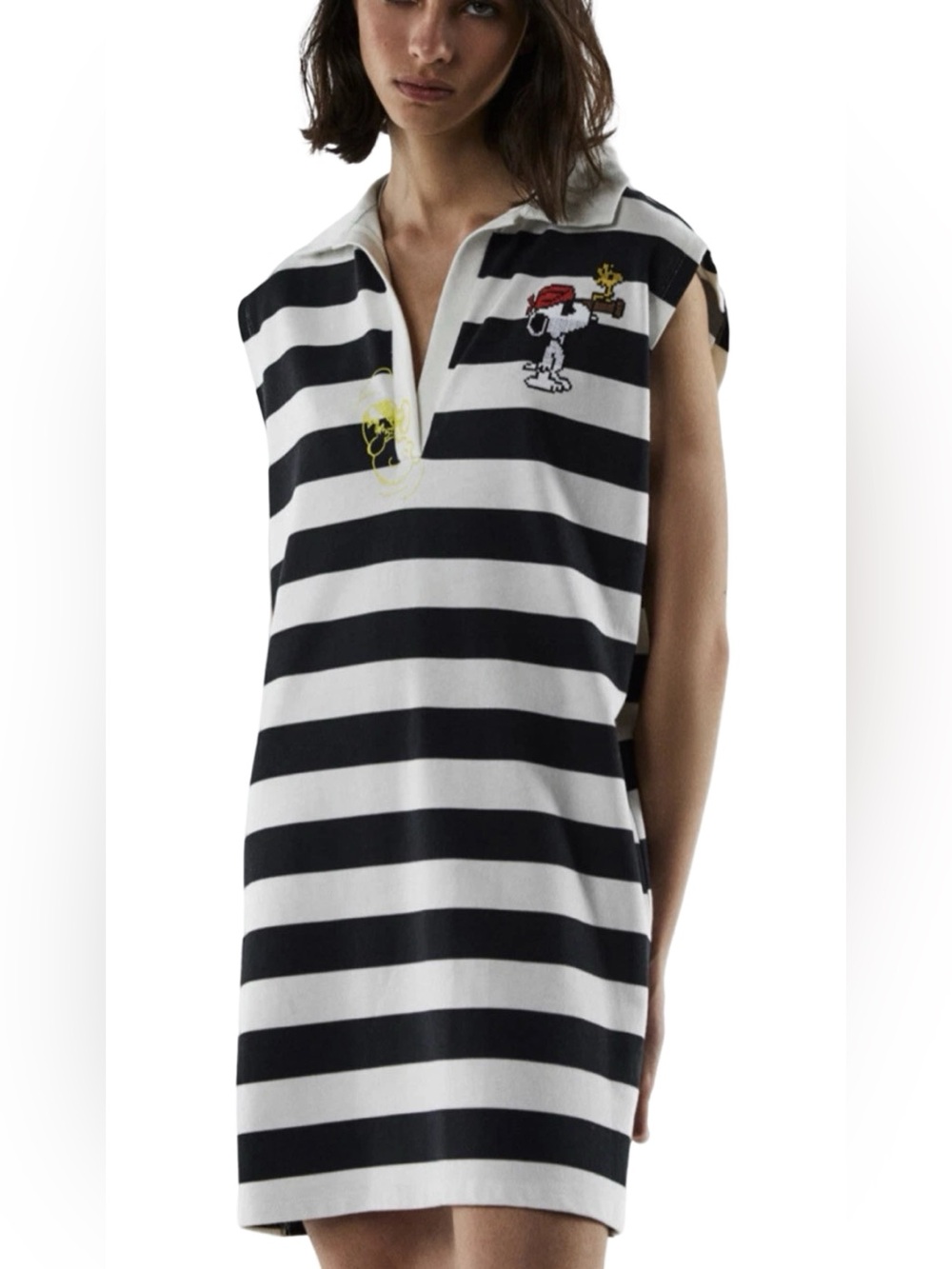 ZARA x PEANUTS Collection Blue & White Striped Mini Polo Dress Size Medium